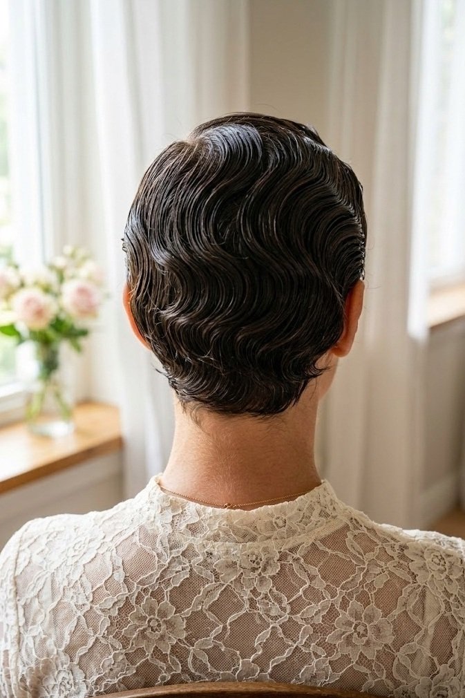 Dark espresso brown short pixie cut styled in sculpted wet-look finger waves, seen from behind