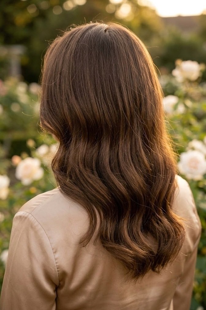 Glossy side-parted waves worn down on rich brown medium hair, over-the-shoulder from behind