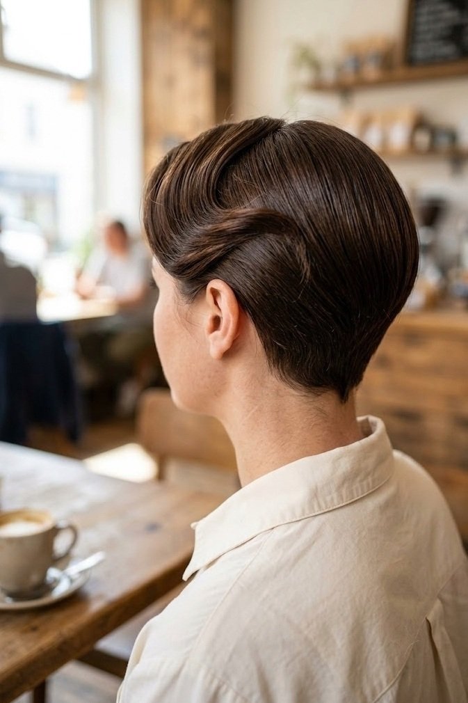 Rich chestnut brown retro pixie with a single structured wave crest along the top, over-the-shoulder view