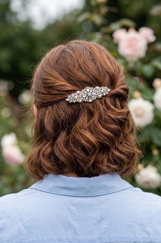Side-swept soft waves pinned with a jeweled barrette, auburn hair seen from behind