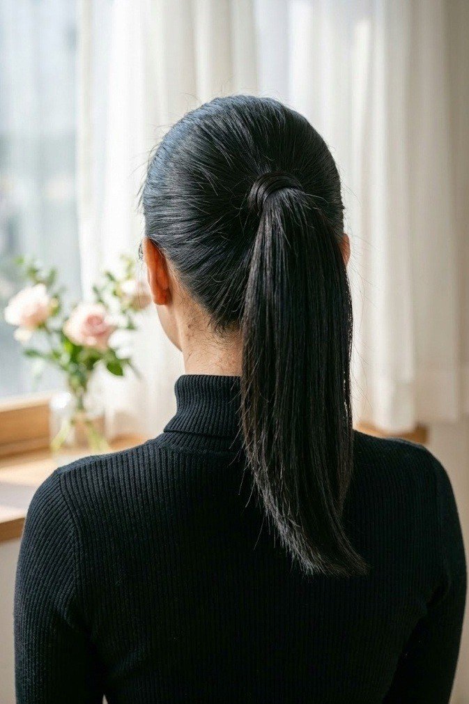 Sleek high ponytail with a wrapped strand over the elastic and straight ends, black hair from above
