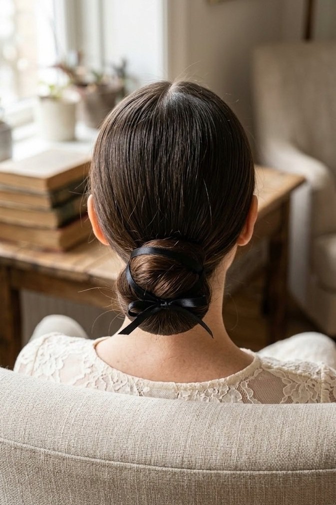 Sleek low bun tied with a skinny satin ribbon at the base, medium brown hair seen from behind