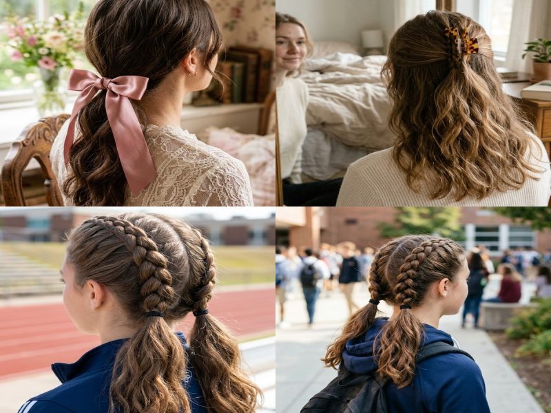 Sleek low ponytail with middle part on medium brown hair for back to school