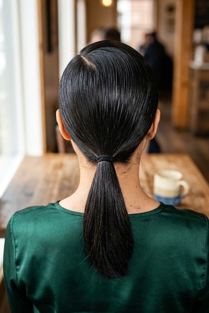 Glossy slicked-back low ponytail with a deep side part, black hair seen from behind