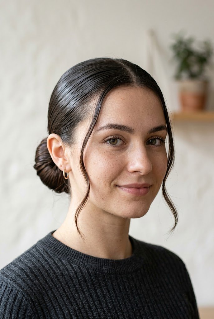 Slicked gel low bun on medium dark hair with face-framing pieces