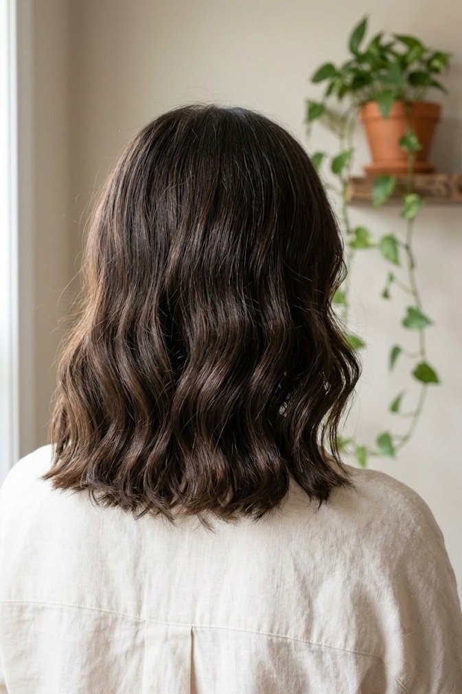Dark brown collarbone lob styled in soft brushed-out 1-inch S-waves, view from above and behind