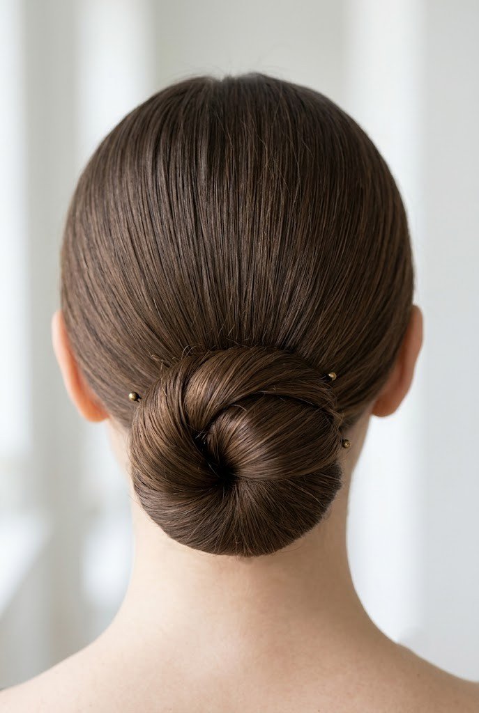 Sleek low bun with spin pins on medium dark hair