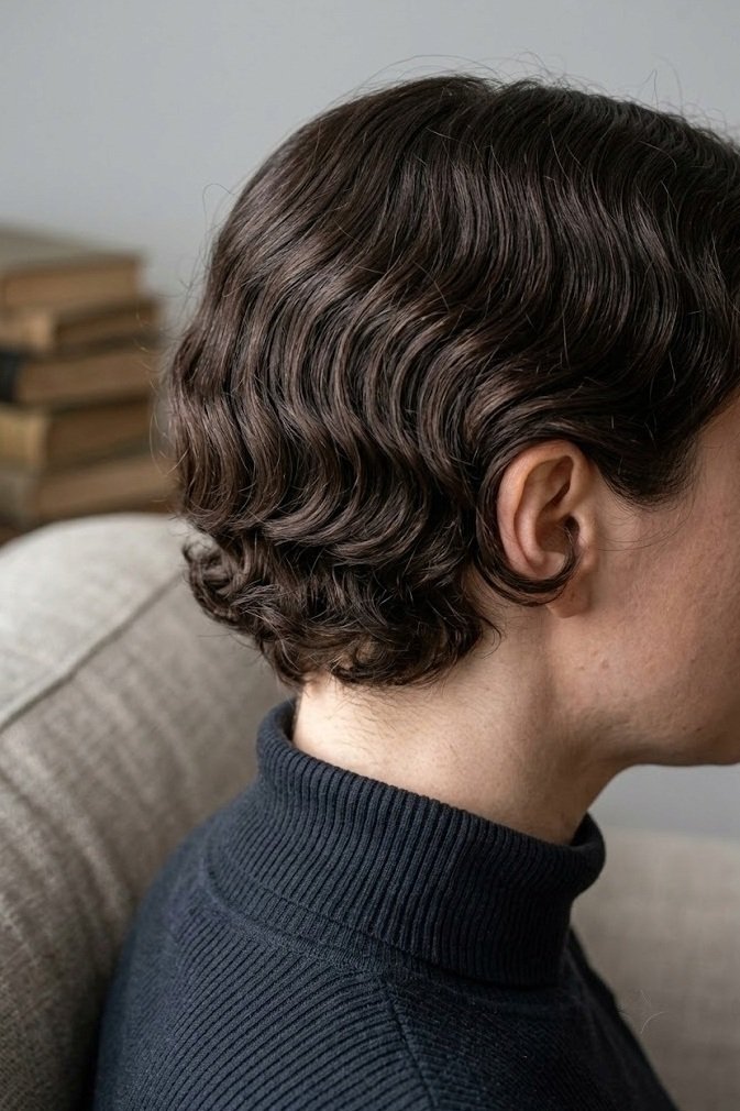 Close-up of dark chocolate micro bob with crisp vintage S-waves around nape and ears