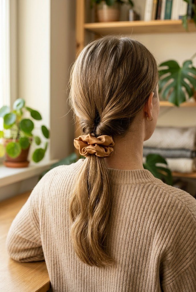 Topsy-tail flipped ponytail with scrunchie on medium brown hair