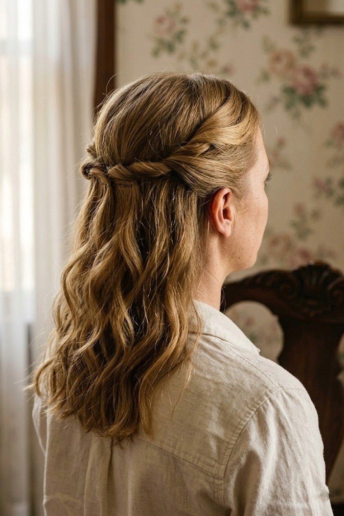 Twisted half-up with two side twists pinned at the back, honey blonde waves, seen from behind