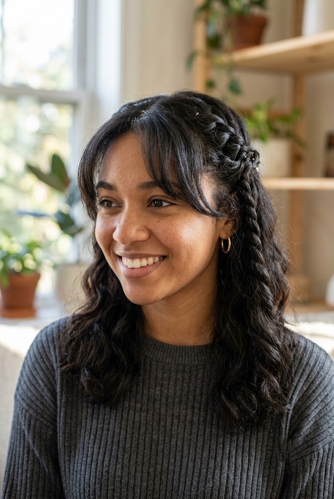 Two-strand twist half-up on medium wavy hair