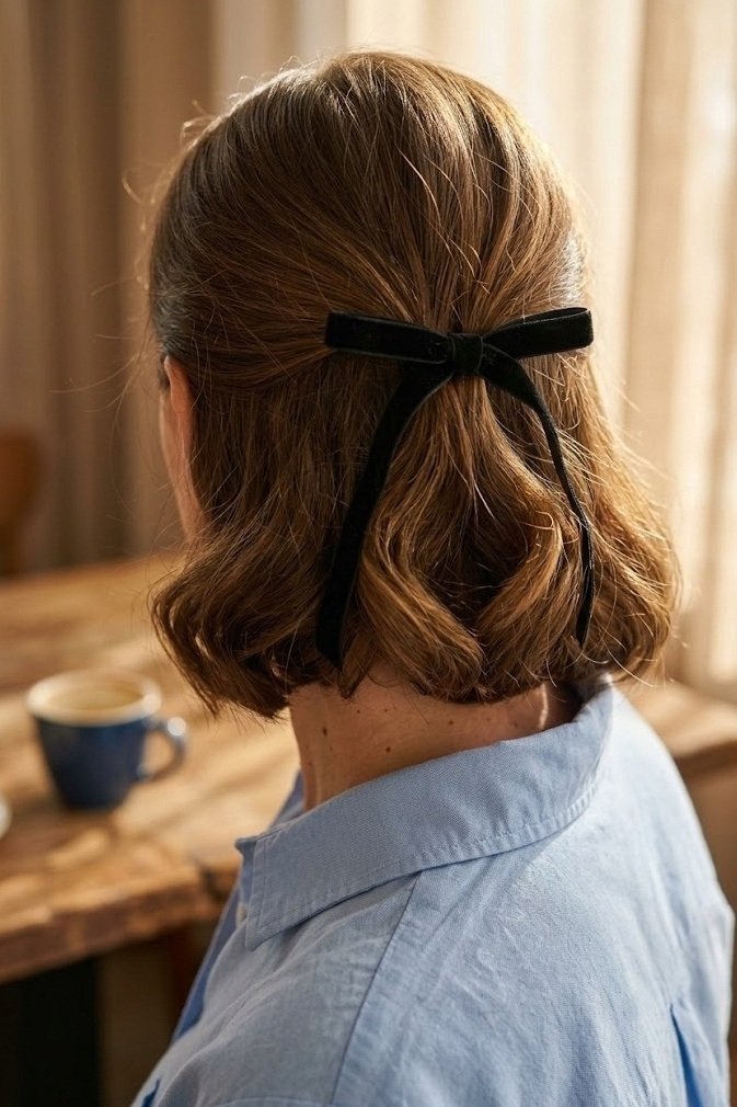 Close-up of soft chestnut lob with vintage waves gathered into a low half-up style with a black velvet ribbon bow