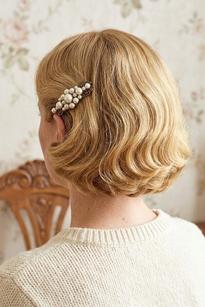 Close-up of golden blonde vintage wave bob pinned above the ear with a pearl barrette