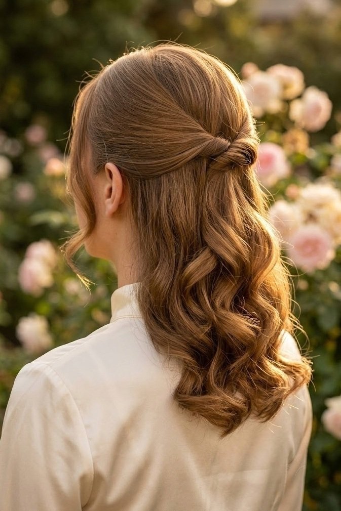 Caramel brown vintage lob styled half-up with hidden comb, back three-quarter view