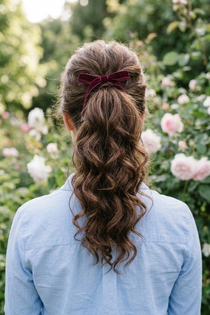 Voluminous curled high ponytail with a velvet ribbon at the base, chestnut hair seen from behind