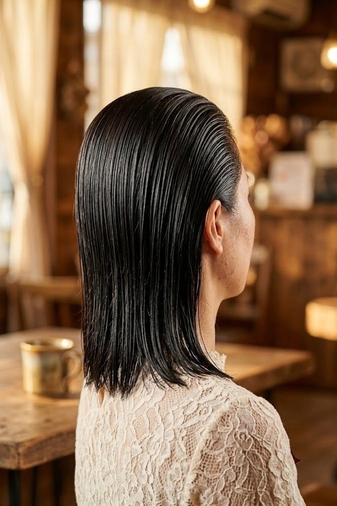 Glossy wet-look hair combed straight back with no part, black hair seen from behind