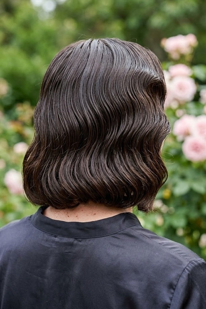 Rich espresso brown lob styled in glossy wet-look vintage wave ridges, over-the-shoulder view