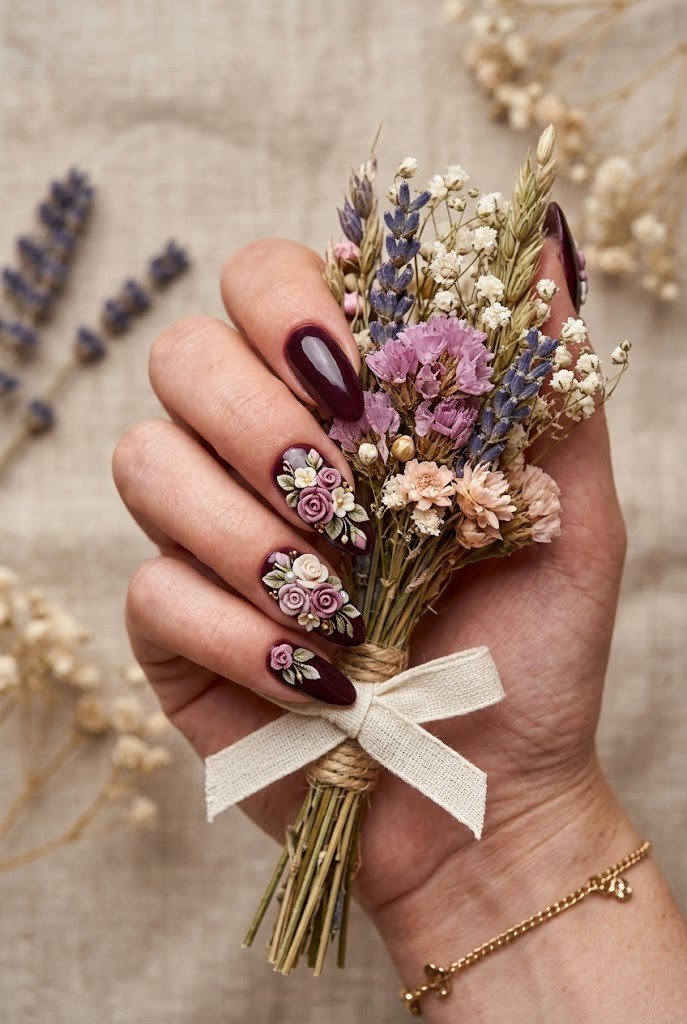 3D sculpted micro flowers on dark plum almond nails