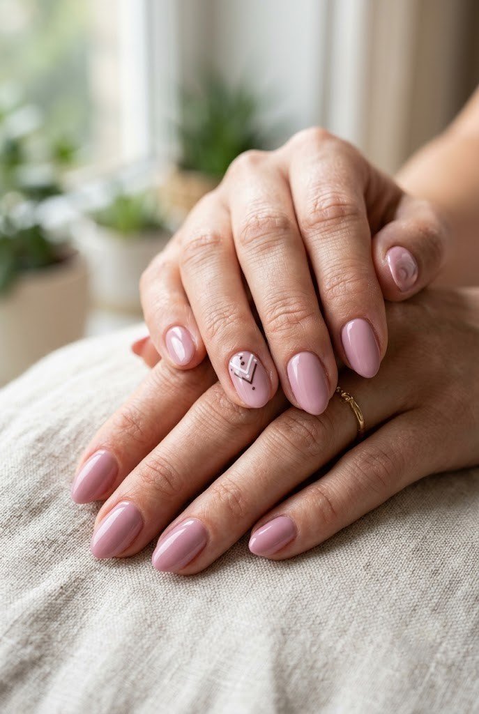 Single statement accent nail on short almond manicure