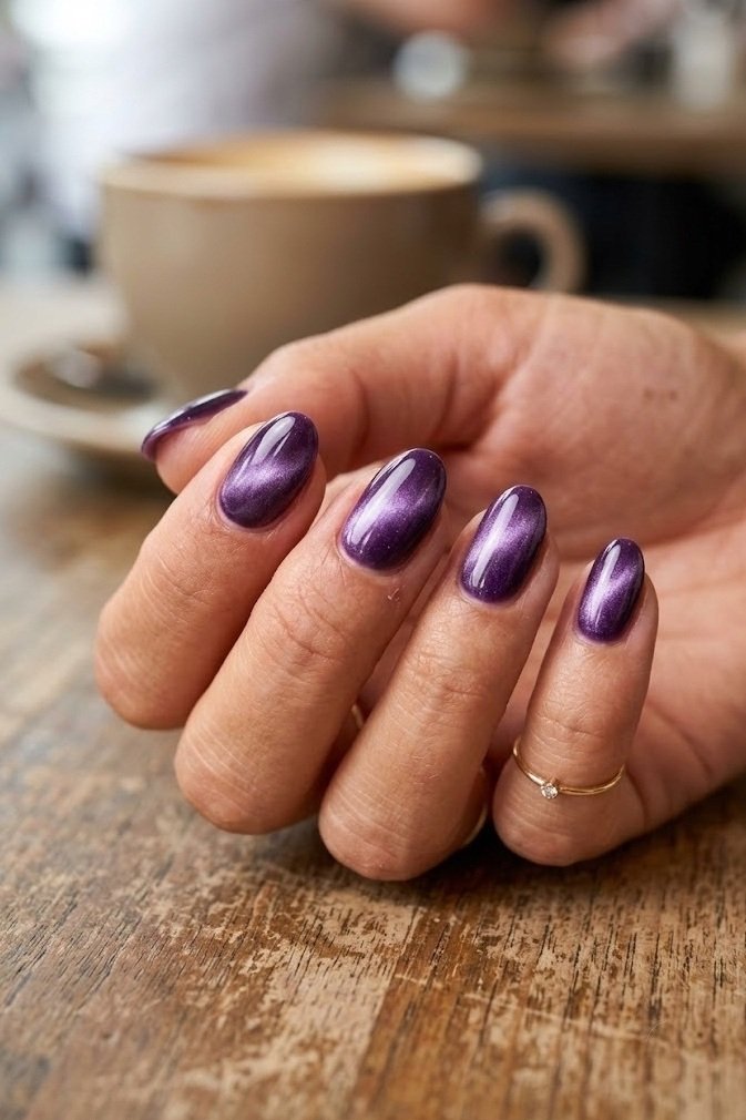 Amethyst purple velvet nails on short soft almond nails with a lilac shimmer glow