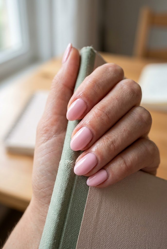 Short almond nails in soft baby-pink cream polish