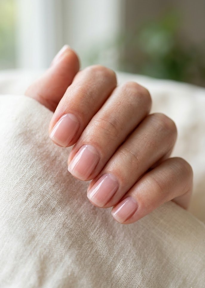 Barely-there ballet pink sheer jelly nails on short square shape