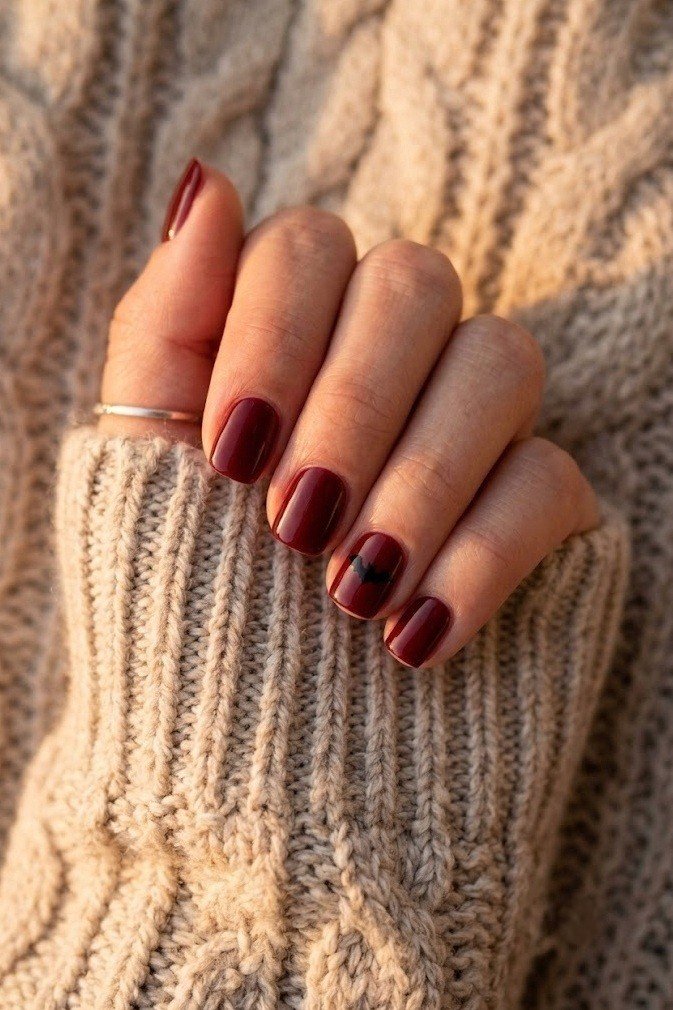 Short glossy oxblood nails with one small black bat accent on the ring finger