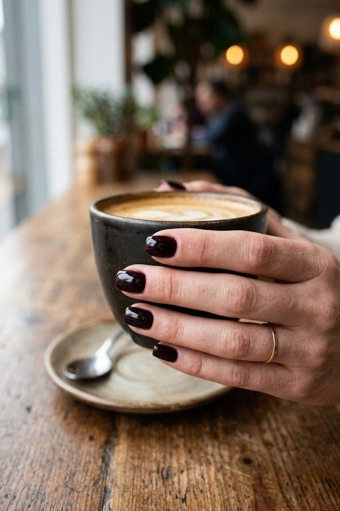 Short deep glossy black cherry nails with no art