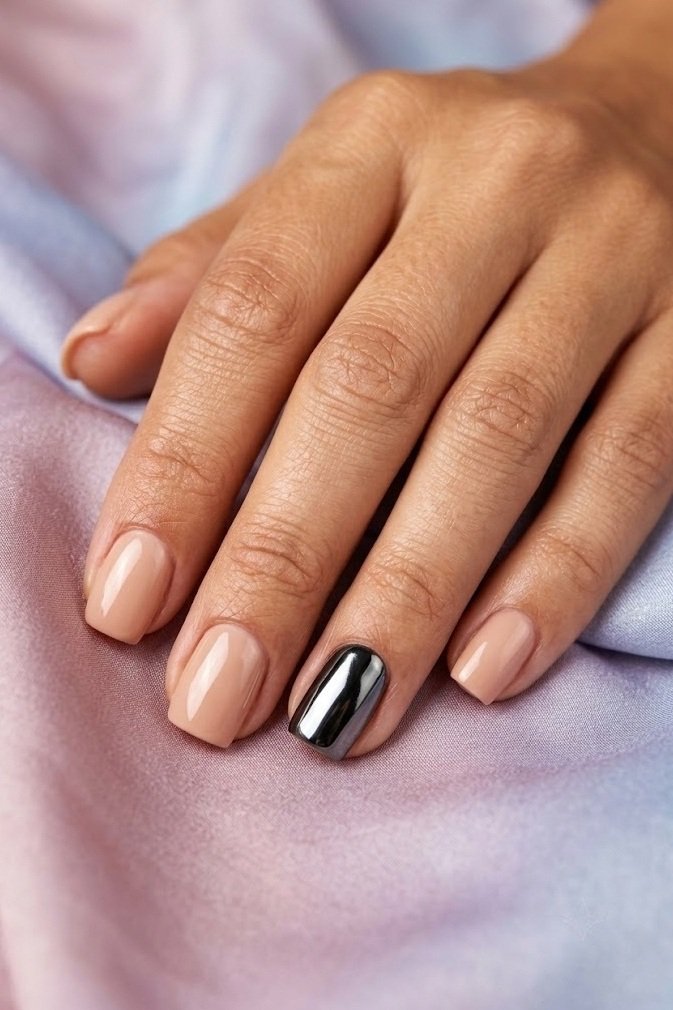 Short nude nails with one black chrome mirror accent on the ring finger