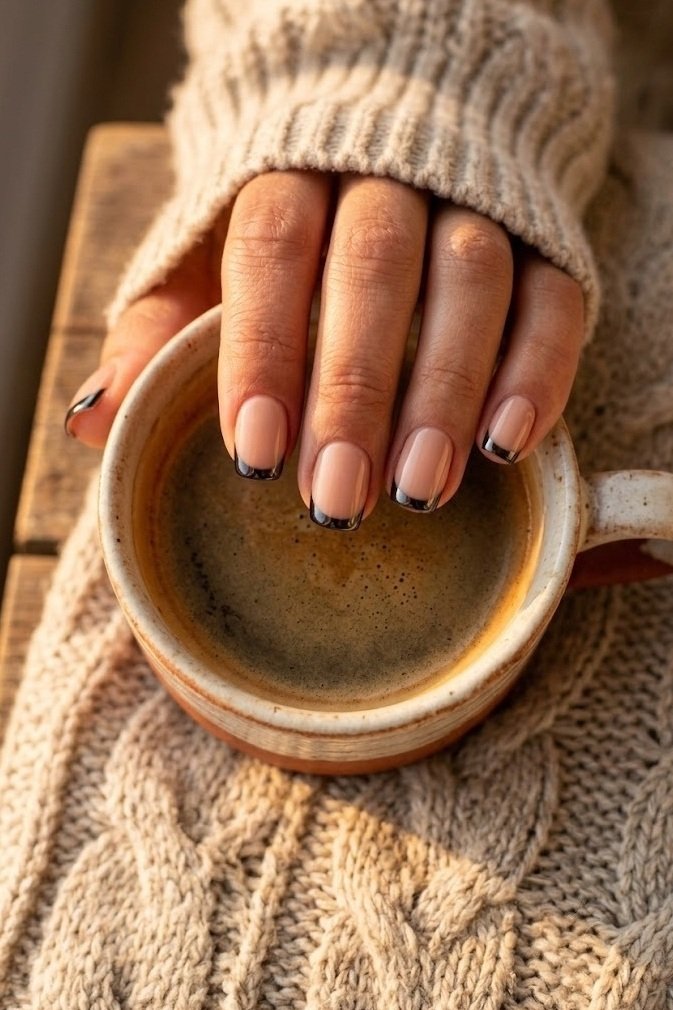 Short nude nails with thin black chrome mirror French tips