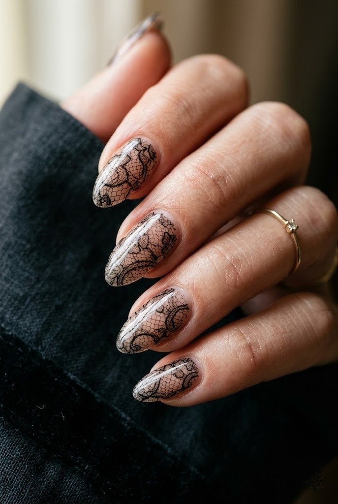 Sheer black lace nails over a nude base, veiled translucent manicure