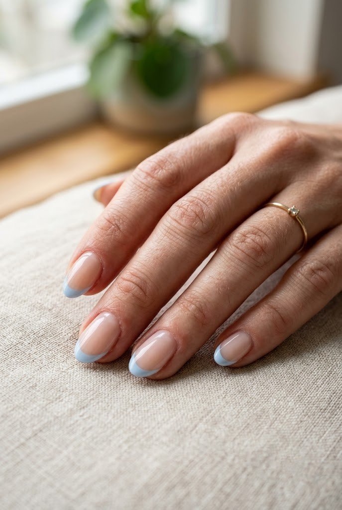 Baby blue mini French tip short almond nails