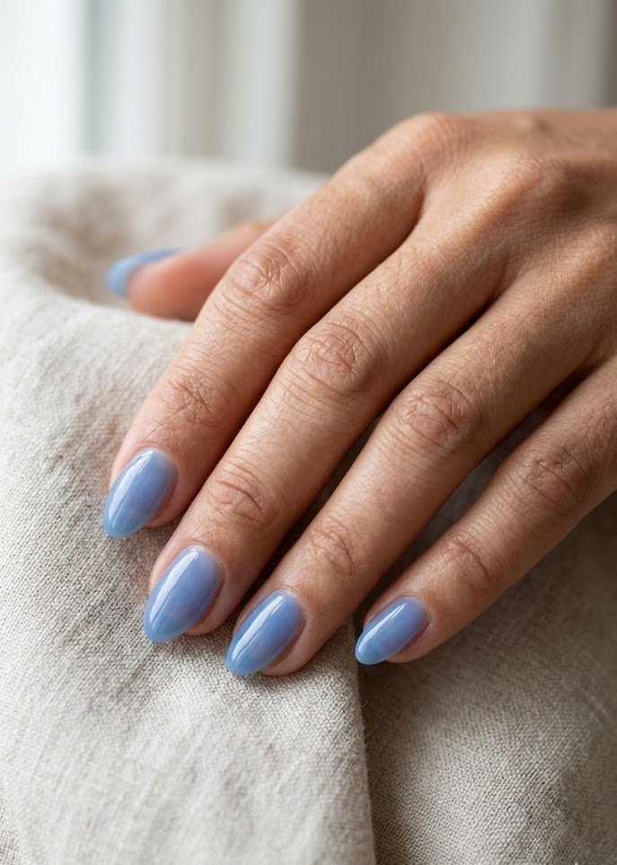 Sheer cornflower blueberry jelly nails resembling sea glass