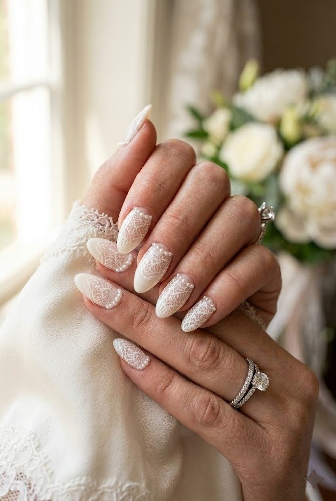 Bridal white lace nails with micro pearl accents on a milky base