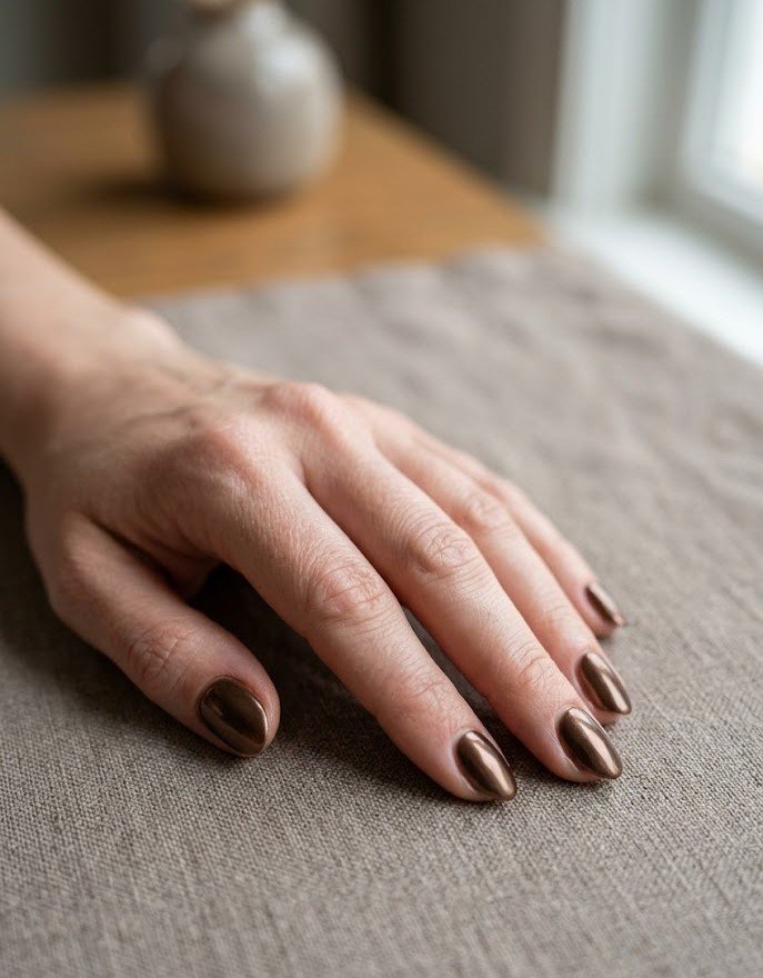 Short almond nails in deep antique bronze chrome