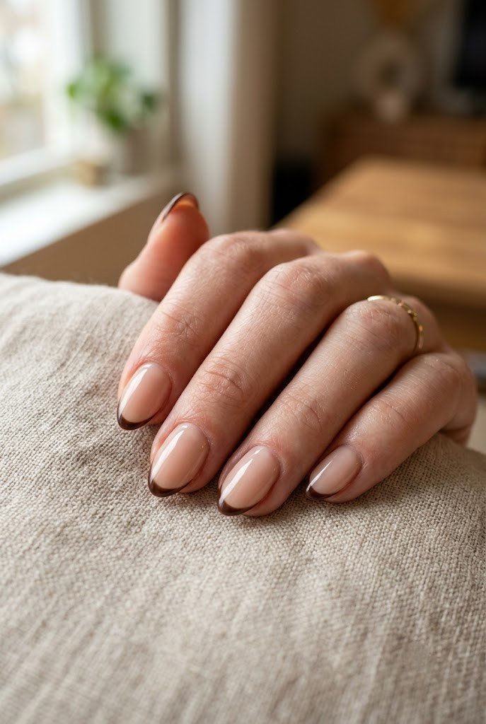 Espresso brown French tip short almond nails