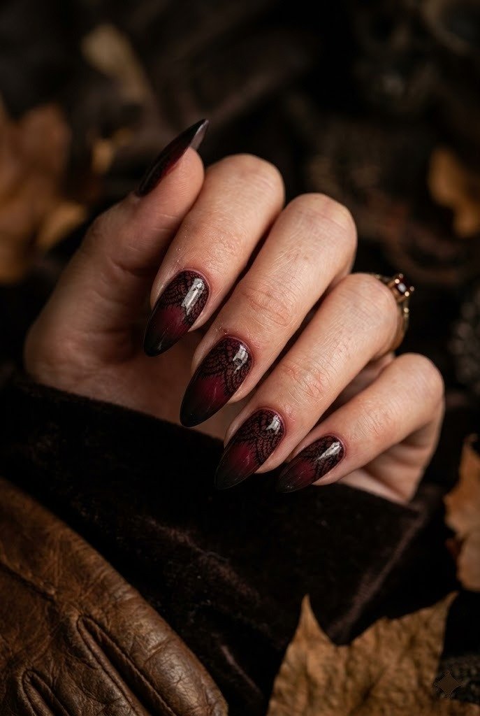 Burgundy to black ombre lace nails on long almond shape