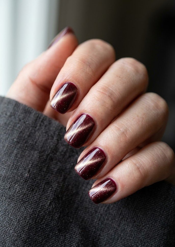 Diagonal burgundy cat eye nails for a modern edge
