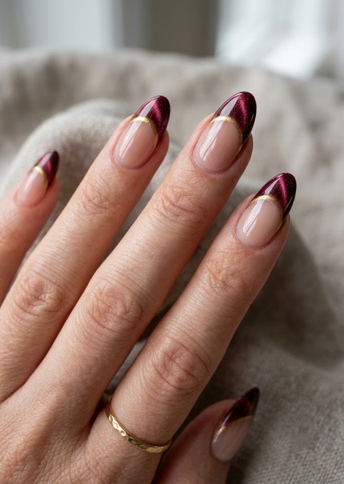 Burgundy cat eye French tip nails for fall