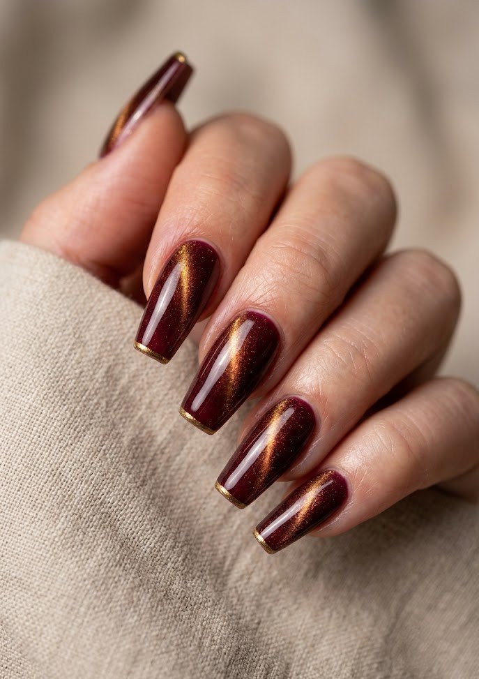 Burgundy cat eye coffin nails with gold micro-French