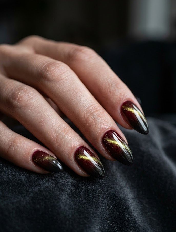 Burgundy cat eye nails with near-black ombre tips