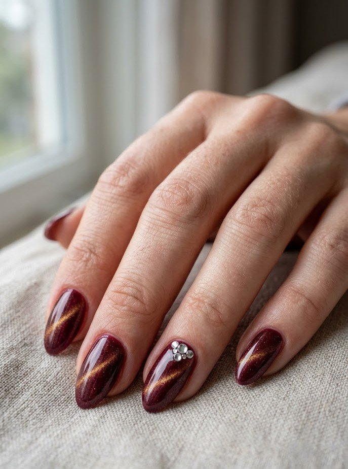 Wine burgundy cat eye nails with minimal rhinestone accent