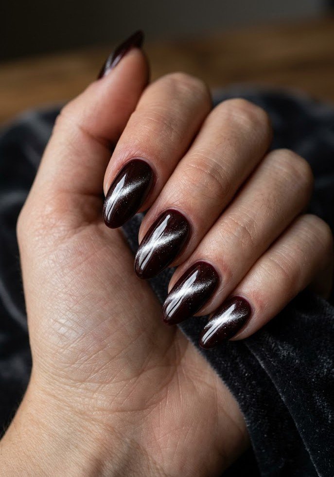 Deep burgundy cat eye nails with a silver beam streak