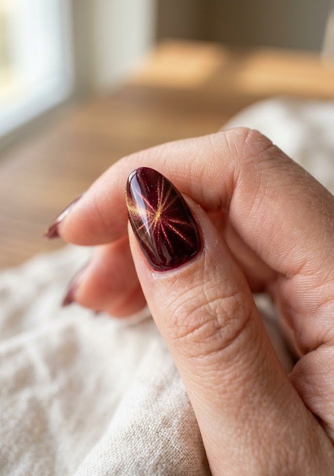 Starburst burgundy cat eye nails accent design