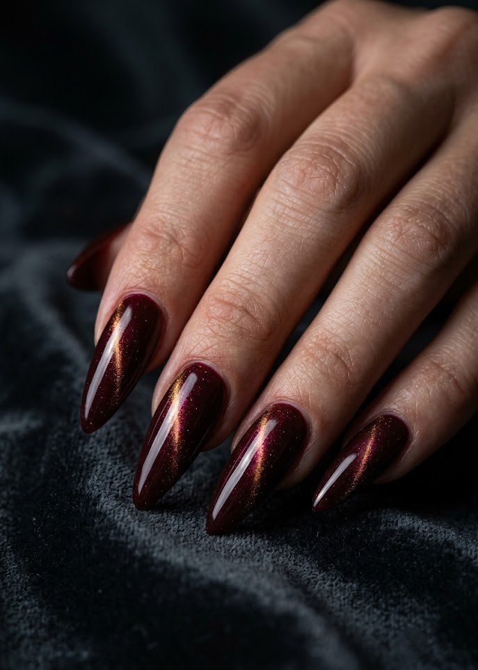 Deep burgundy cat eye stiletto nails for a night out