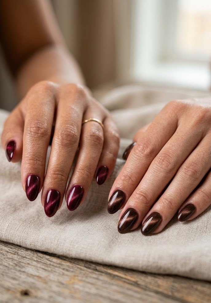 Burgundy and chocolate brown velvet tonal nails for fall
