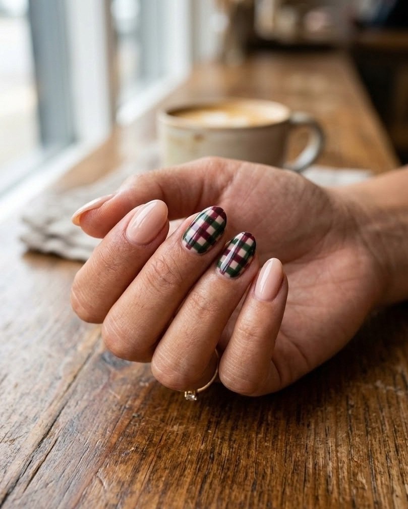 Short almond nails with burgundy and forest green check on a nude base