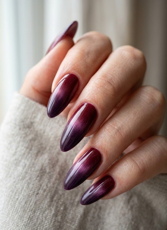 Burgundy to plum velvet ombre nails for fall 2026
