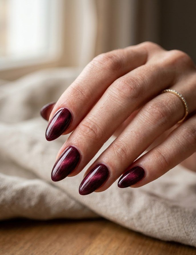 Glossy velvet burgundy nails on almond-shaped nails for fall 2026