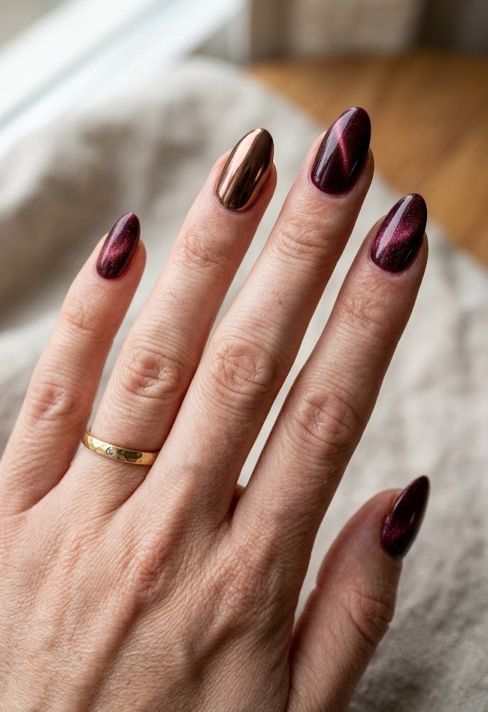 Velvet burgundy nails with a bronze chrome accent nail